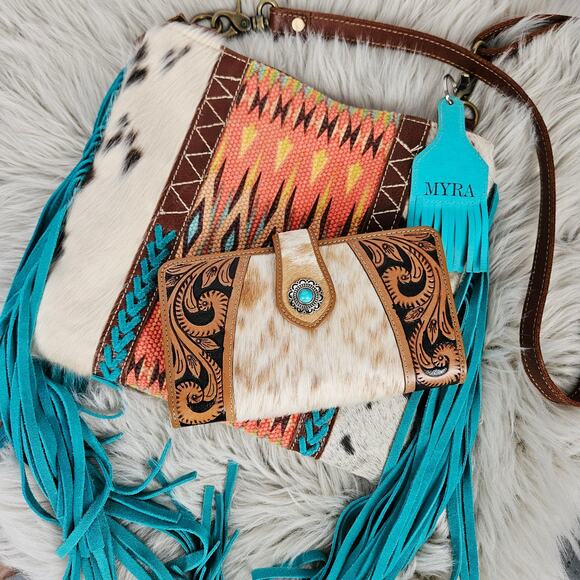 Myra Bag Wallet Set Southwest Cowhide Crossbody Purse Fringe Leather Boho Wester - Picture 1 of 16
